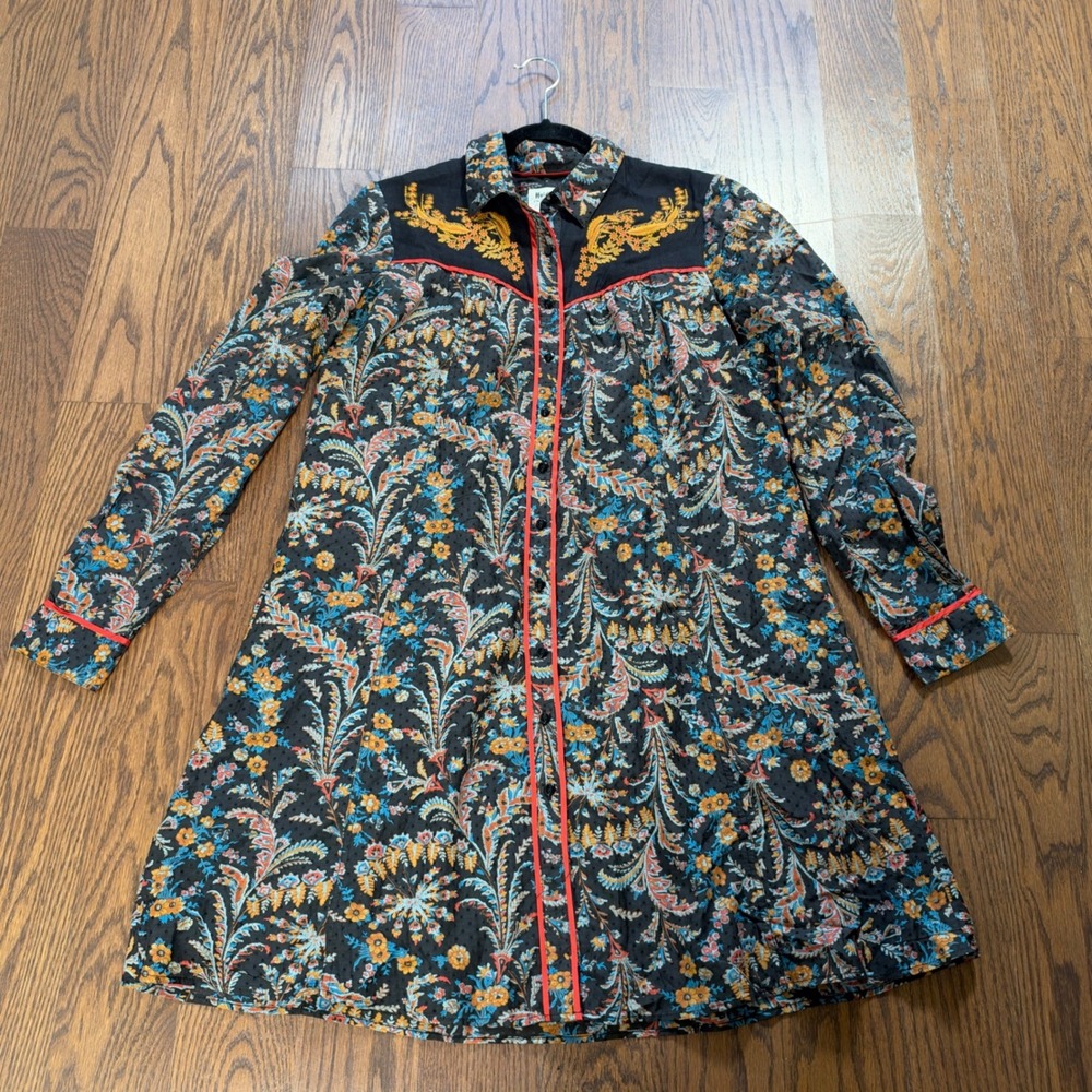 Holding Horses Anthropologie Western Floral Embroidered Shirt Dress Black Size 6
